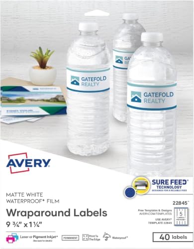Avery Durable Waterproof Wraparound Rectangle Labels with Sure Feed Technology,1-1/4" x 9-3/4",Matte White,40 Customizable Labels for Laser and Pigment-Inkjet Printers (22845),(Pack of 5) by Avery