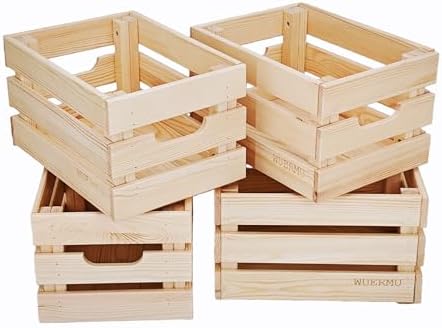 Wooden Crates, Set of 4 for Storage, Milk Crate, Wine Box, Toy Bin, Display Decor, and Camping, 12.2 Inch Sturdy Multi-Purpose Wood Boxes. by WUERMU