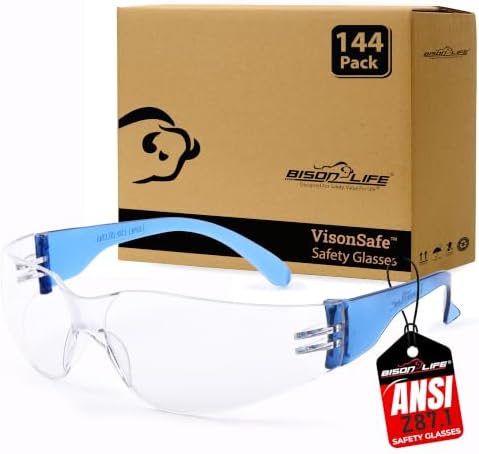 BISON LIFE Clear/Blue Safety Glasses for Men & Women, ANSI Z87.1, 144 Pack by BisonLife