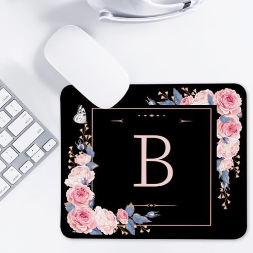 Letter B Black and Pink Flowers Square Mouse Pad, Mouse Pad with Stitched Edge and Non-Slip Rubber Base,Mouse Mat,Home Office Decor Desk Accessories,9.4x7.8x0.12 inch Square Mouse Pad - Image 7