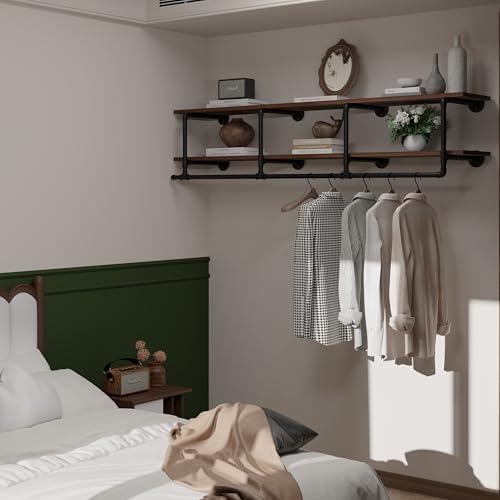 Wall Mounted Clothes Rack 12 Inch Deep, 72 Inch Heavy Duty Garment Rack with Real Walnut Wood Shelf, Multi-Purpose Hanging Rod & Space-Saving Closet Storage Organizer - Image 3