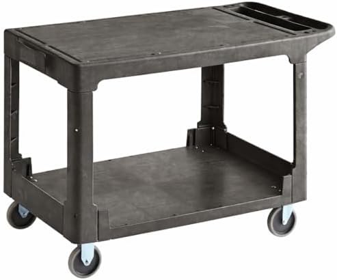 Commercial Black Heavy Duty 2-Shelf Utility Cart with Flat Top Work Surface and Built-in Tool Compartment, 550lb. Capacity, 5" Casters, 44" x 25 1/4" x 32 1/4" - Perfect for Restaurant, Warehouse by Krollen+Industrial