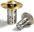 3 in 1 Bathroom Sink Drain Strainer, Universal Pop Up Bathroom Sink Stopper with Removable Hair Catcher Anti-Clog Filter Basket Brass & Stainless Steel Brushed Gold 2 PCS by Unknown
