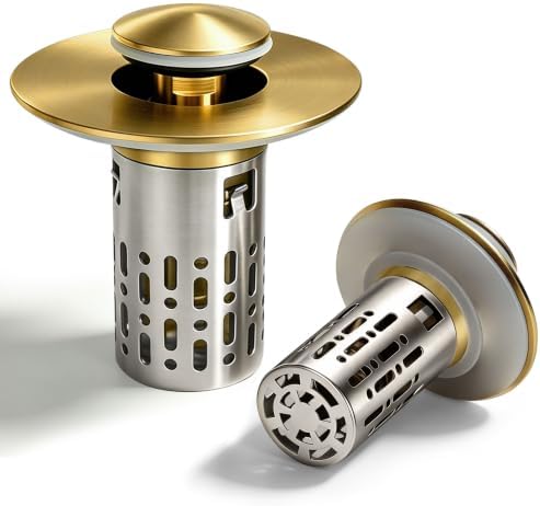 3 in 1 Bathroom Sink Drain Strainer, Universal Pop Up Bathroom Sink Stopper with Removable Hair Catcher Anti-Clog Filter Basket Brass & Stainless Steel Brushed Gold 2 PCS by Unknown
