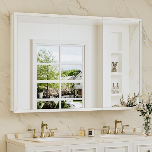 TokeShimi 48 x 32 White Recessed Medicine Cabinet with Mirror, Assembly Required, Bathroom Medicine Cabinet with Mirror, Stepless Adjustable Shelves, Beveled Aluminum Frame, DTC Hinge by TokeShimi