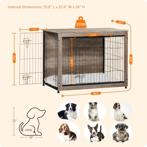 DWANTON Dog Crate Furniture with Cushion, Wooden Kennel Table with Double Doors, Indoor Dog House, Large Size, 38.5" L, Greige - Image 5