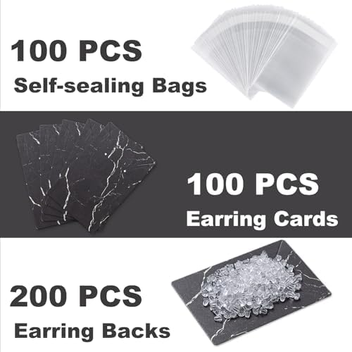 Earring Cards, Set Jewelry Making Supplies with 100 Pcs Earring Holder Cards 200 Pcs Earring Backs and 100 Jewelry Packaging for Earrings Necklace Jewelry Display, Bags 3.5x2.4 Inches (Marble Black) - Image 3
