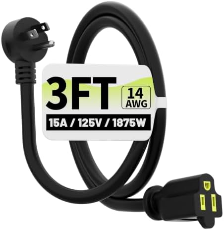 Vockjour 3 FT 14 Gauge Low Profile Flat Plug Extension Cord Black by Vockjour