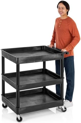 Stand Steady Tubstr Large 3 Shelf Utility Cart | Heavy Duty, Black HDPE & PVC, Holds Up to 300 lbs. | Storage & Rolling Tool Cart for School, Office, Garage & Warehouse by StandSteady