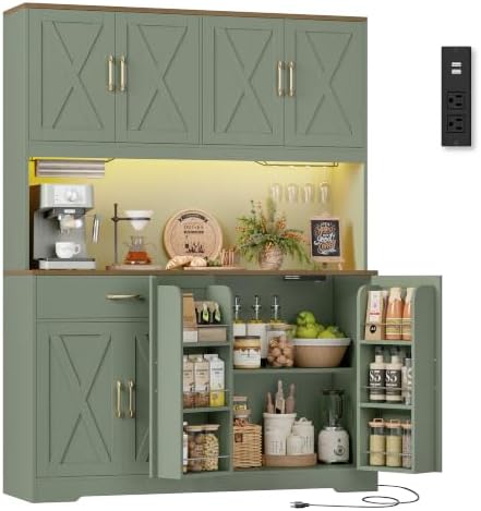 HOSTACK 55" W Kitchen Pantry Storage Cabinet, 72" Tall Hutch Cabinet, Green by HOSTACK