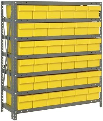 Quantum 2439-603YL Heavy Duty Shelving Unit with (7) Shelves and (36) QED603 Yellow Bins for Industrial Warehouse Storage Distribution | 400 lbs Capacity | 24"D x 36"L x 39"H, Galvanized Carbon Steel by QuantumStorageSystems