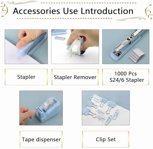 Office Supplies,Blue Desk Accessories,Stapler and Tape Dispenser Set with Stapler,Tape Dispenser,Staple Remover,Staples,Clips,Scissors and Tabs,Gift for Student,Teacher,Coworkers,Business,Gift 9pcs - Image 2