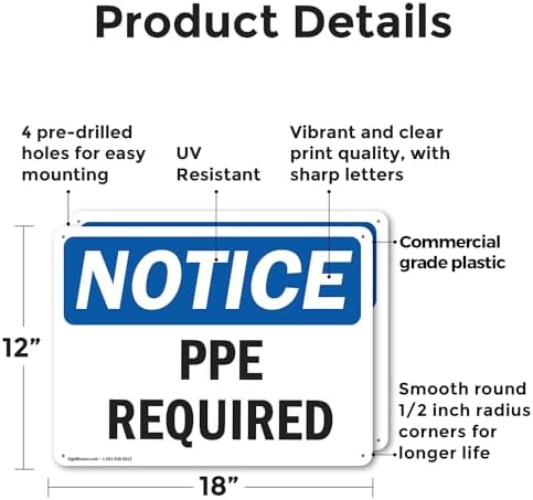 (2 Pack) PPE Required OSHA Notice Sign 18 Inch X 12 Inch Plastic Sign, Weather Resistant, UV Protected for Workplace, Business, and Construction Site, Made in the USA - Image 2