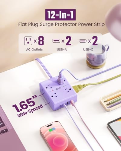 SUPERDANNY Purple Extension Cord 10Ft Flat Plug Power Strip Surge Protector - Image 2
