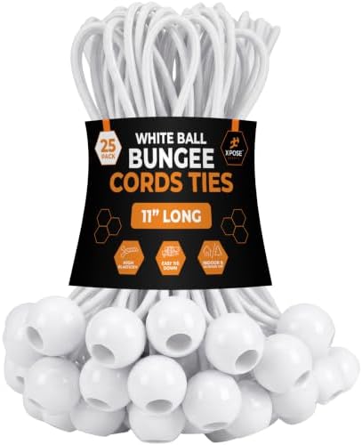 Xpose Safety Bungee Ball Cords 11" 25 Pack Heavy Duty White Stretch Rope with Ball Ties for Canopies, Tarps, Walls, Cable Organization by XposeSafety
