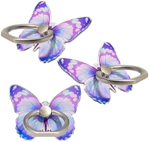 3 Pcs Butterfly Cell Phone Ring Stand Holder, Cute Butterfly Design Finger 360° Rotating Metal Hand Phone Stand Holder, with Adjustable Knob Loop (threePurple) by HZZADZXW
