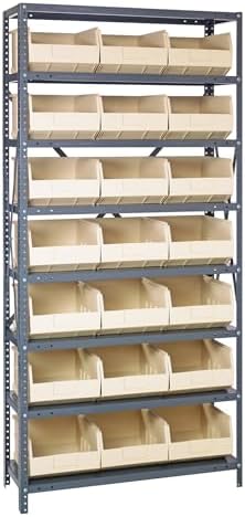 Quantum 2475-485IV Heavy Duty Shelving Unit with (8) Shelves and (21) SSB485 Ivory Bins for Industrial Warehouse Storage Distribution | 400 lbs Capacity | 24"D x 36"L x 75"H, Galvanized Carbon Steel by QuantumStorageSystems