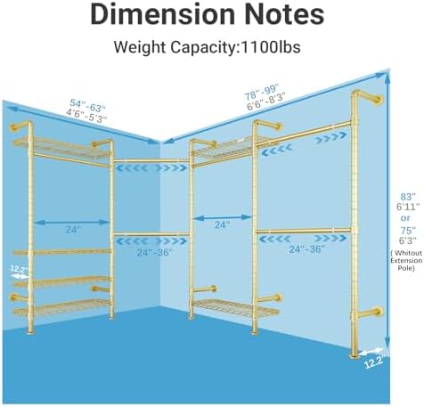 Timate L4 L Shape Garment Rack Heavy Duty for Hanging Clothes, Expandable Industrial Pipe Clothing Rack, Wall Mounted Closet Organizer Large Wardrobe Kit Corner System Gold - Image 4