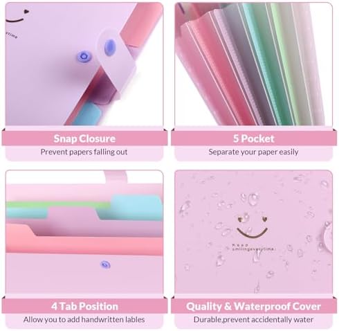 SKYDUE Expanding File Folder with 5 Pockets, Cute Accordion File Organizer, Letter Size Filing Folder, Portable Paper Receipt Organizer, School Office Supplies Purple - Image 3