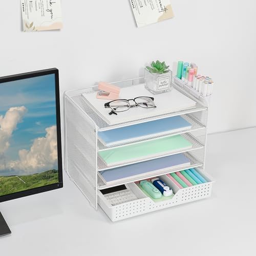 LEKETREE Desk Organizer and Accessories, 5-Tier Paper Letter Tray Organizer with Drawer & 2 Pen Holders for Desktop File Organization, Office Desk Accessories for Supplies Storage (White) - Image 4
