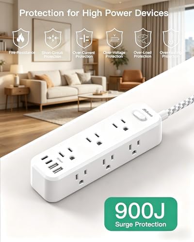 10FT Power Strip, 13-in-1 Long Extension Cord with Multiple Outlets with 9 Wide Spaced Outlets and 4 USB Ports, Flat Plug Wall Mount Charging Station for College Dorm Room Essentials, Office, White - Image 5