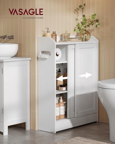 VASAGLE Slim Bathroom Storage Cabinet, Sliding Doors, Cloud White - Image 2