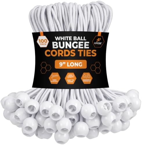 Xpose Safety Bungee Ball Cords 9" 100 Pack Heavy Duty White Stretch Rope with Ball Ties for Canopies, Tarps, Walls, Cable Organization by XposeSafety