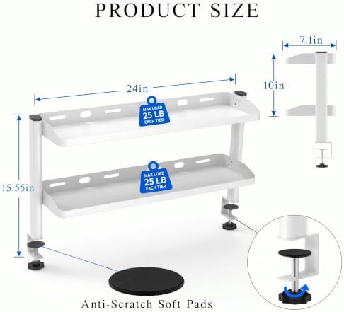 Clamp on Desk Shelf White, 24in 2-Tier Office Desk Shelves Organizer, Shelf for Top of Desk with Headphone Holder and Hooks, Desktop Storage Rack for Home Workspace, Study Rooms, Gaming Accessories - Image 2