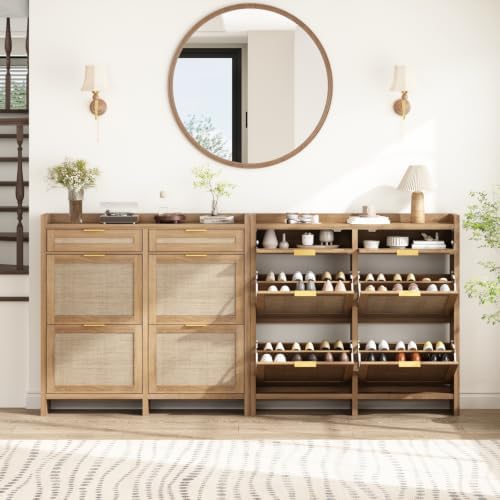 HOKYHOKY Large Rattan Shoe Storage Cabinet with 4 Flip Drawers & 2 Storages - Image 7