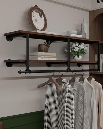 Wall Mounted Clothes Rack 12 Inch Deep, 42 Inch Heavy Duty Garment Rack with Real Walnut Wood Shelf, Multi-Purpose Hanging Rod & Space-Saving Closet Storage Organizer by INDUSTRIALSHELVESDESIGN