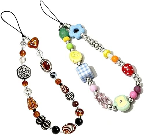 2 Pcs Phone Charm Strap Hand Wrist Strap Camera Lanyard Pearl Beaded Cute Chain String Accessories Universal for iPhone 17 Pro Max 16 15 14 for Samsung Women Girls Keychain Brown Bead and Kawaii Fruit by Casecond