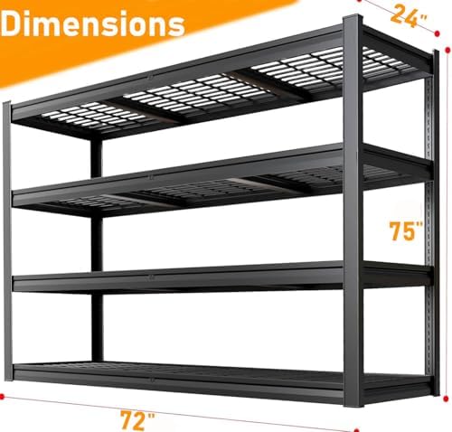 72" W Garage Shelving Unit, 72" W x 24" D x 75" H, Heavy Duty Garage Storage Shelves, 4 Tier Storage Rack Shelf, Industrial Adjustable Shelves for Basement Warehouse, 2 Pack - Image 2