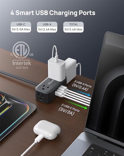 TROND 360° Rotating Flat Plug Power Strip 3ft, 4 Widely AC Outlets, Black - Image 4