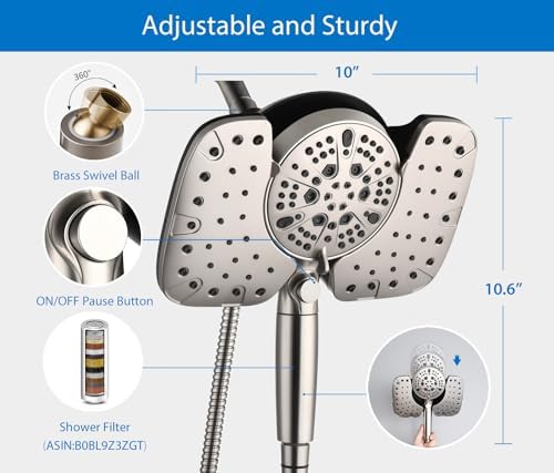 INAVAMZ Rain Shower Head with Filtered Handheld Spray Combo Nickel 2.5 GPM - Image 5
