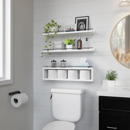 WOPITUES Floating Shelves for Wall 24 inch with Cube Shelf, Wall Shelves with Metal Rail for Bathroom Decor, Bathroom Organizers and Storage, Over Toilet Shelves, Toilet Paper-White - Image 4