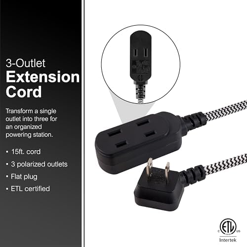 GE Indoor Flat Plug Extension Cord 15 Ft, 3-Outlet Braided Extension Cord - Image 2