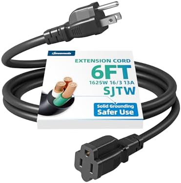 DEWENWILS Extension Cord 6 FT, 16/3 SJTW, Black, ETL Listed, 1 Pack by DEWENWILS