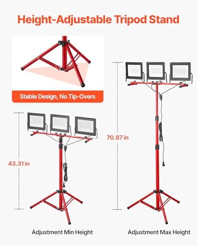 VEVOR LED Work Light with Stand, 21000 Lumens, Three-Head Portable Camping Light with Individual Switch, Tripod Stand, 10.83 ft Power Cord, for Indoor Outdoor Job Site Construction, IP65 Waterproof - Image 4