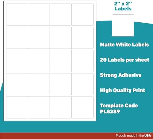 Premium Label Supply White Sticker Square Labels – 2" x 2" – Laser/Inkjet Compatible – (20 per Sheet), 100 Sheets – 2000 Total Adhesive Labels - Image 4