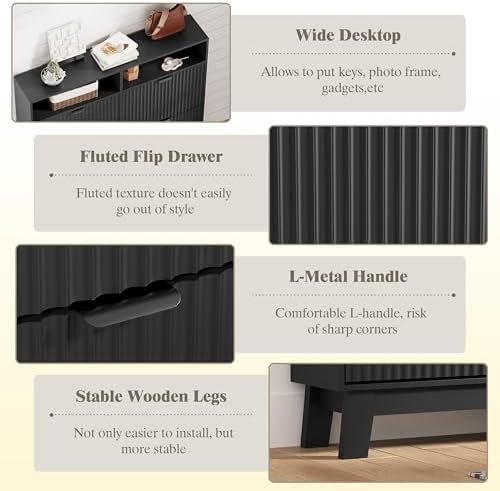Shoe Cabinet Storage for Entryway with 4 Flip Drawers, Fluted Narrow Shoe Organizer with Wooden Legs & Top Cubby, Freestanding Slim Shoe Storage Hidden Shoe Rack for Front Door Entrance, Black - Image 5