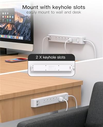 2 Pack Power Strip, 5FT Extension Cord, Surge Protector with 6 Outlets and 4 USB Ports (2 USB C), Flat Plug Overload Protection, Extension Cord with Multiple Outlets, Wall Mount for Home Dorm College - Image 6