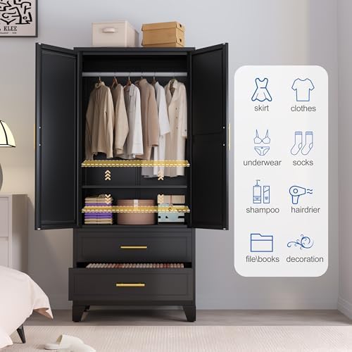 GAIOUS Steel Armoire Wardrobe Closet with Mirror and 2 Drawers 71" Black - Image 6