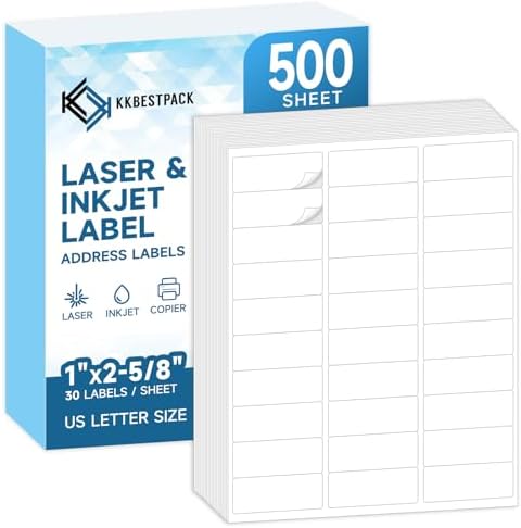 KKBESTPACK 30 Up Shipping Address Labels – 1” x 2-5/8” Self-Adhesive Barcode FNSKU Stickers for Inkjet and Laser Printer (500 Sheets / 15000 Labels) by KKBESTPACK