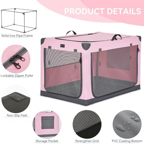 PETSFIT 40" Soft Portable Dog Crate – Patented Spiral Sturdy Frame, Collapsible Travel Kennel for Large Dogs, 3 Mesh Door, Lockable Zippers, Indoor & Car Use Pink - Image 5