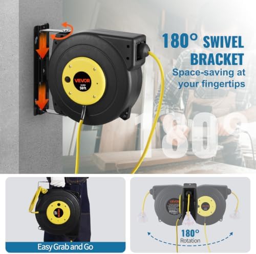 VEVOR Retractable Extension Cord Reel, 50 FT, Heavy Duty 14AWG/3C SJTOW Extension Power Cord with Lighted Triple Tap Outlet, 13A Circuit Breaker 180° Swivel Bracket for Ceiling or Wall Mount, Yellow - Image 4