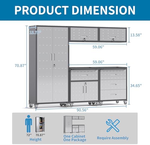 Garage Storage Cabinets System 5PCS Workshop Set with Drawers Locking Heavy Duty Rolling Cart with Adjustable Shelves Garage Tool Workbench Cabinets (5 PCS-2) - Image 4