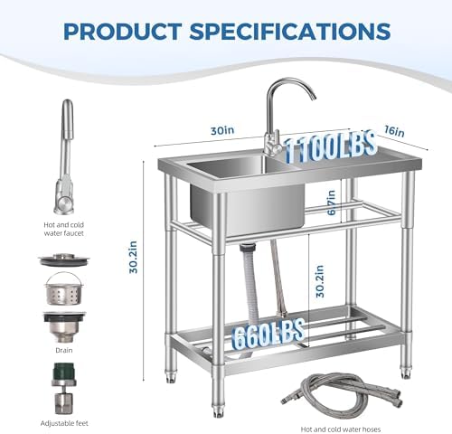 Stainless Steel Utility Sink with Faucet & Workbench, Commercial Freestanding Single Bowl Sink with Hot & Cold Water Pipes, Storage Shelf for Restaurant, Kitchen, Garage, Laundry, Outdoor (30in) - Image 2