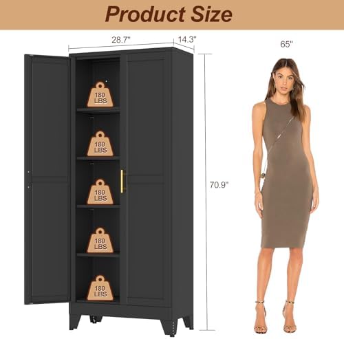 71" Black Metal Storage Cabinet with 2 Doors and 4 Adjustable Shelves,Steel Garage Tool Cabinet, File Cabinet,Kitchen Pantry Cabinet for Home,Office,Garage,School,Warehouse - Image 3