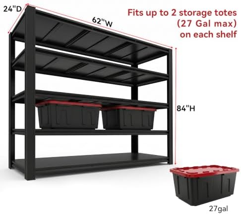 5-Tier Heavy Duty Garage Shelving, 5000LBS Capacity, 84" H x 62" W x 24" D, Boltless Adjustable Metal Storage Rack for Garage, Warehouse, Basement, Shop, Pantry, Black - Image 3