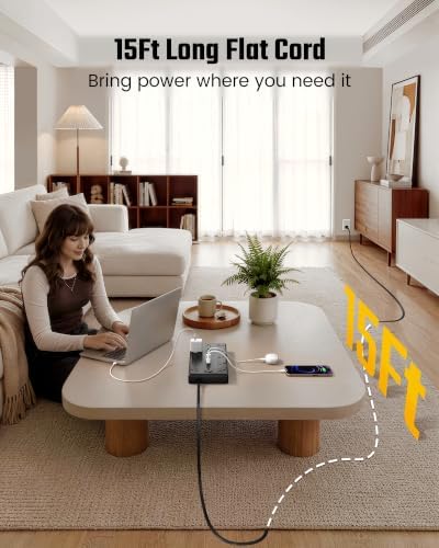 SUPERDANNY 15Ft Extension Cord with Multiple Outlets, Flat Plug Power Strip - Image 2